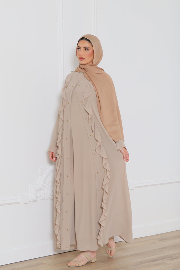 Lamya Beaded Chiffon Abaya Set- Sand