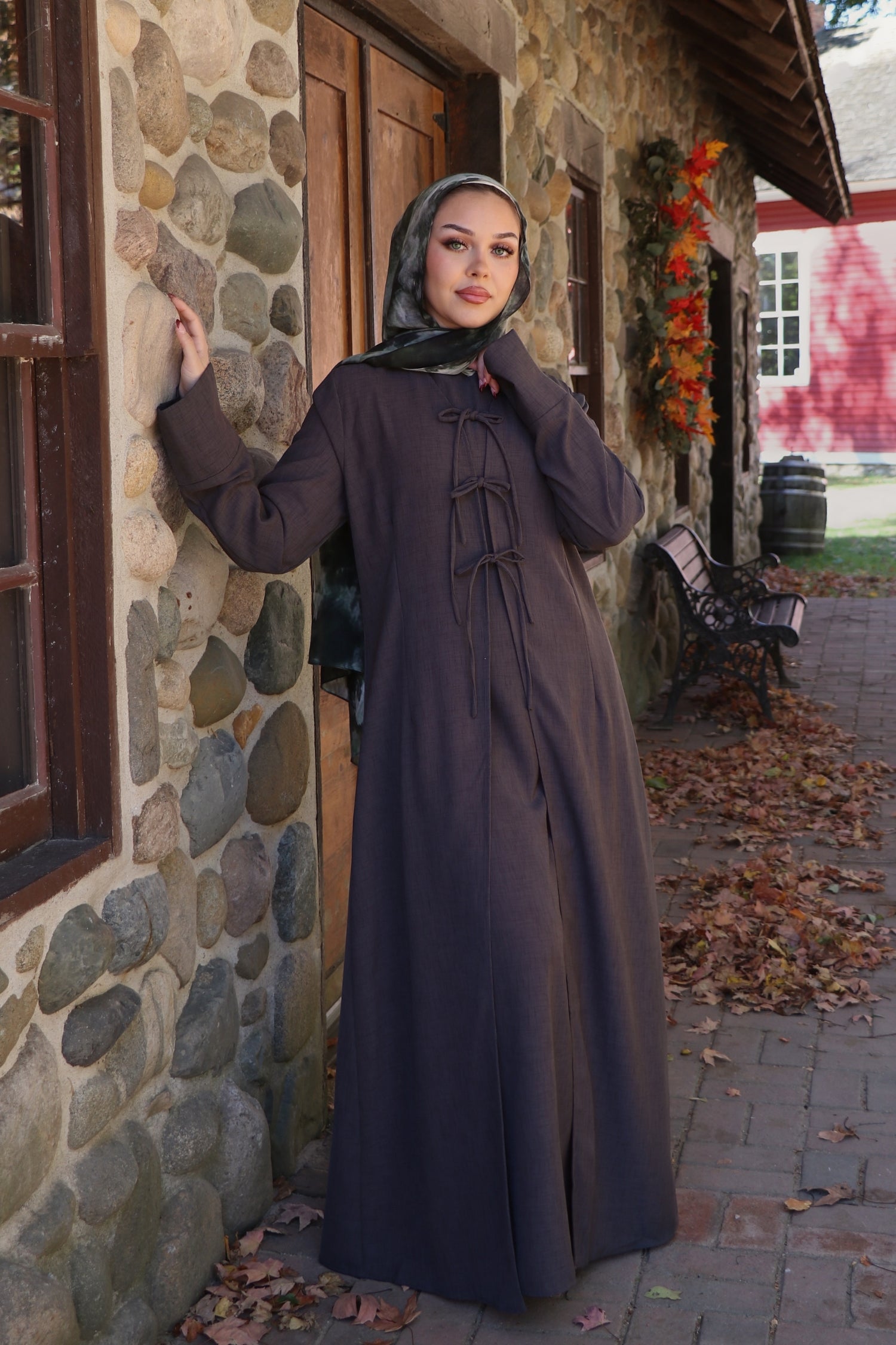 あ*様 TIGHT FIT LAYERED LONG SLEEVES チャコール Ayla Linen Tie Abaya Set- Koala Gray