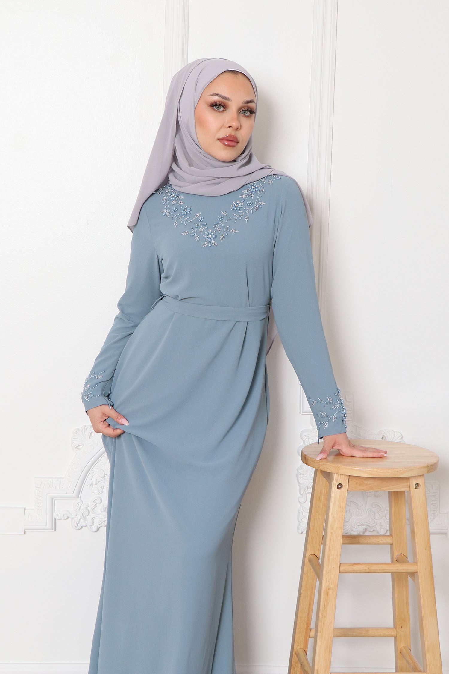 Vera Chiffon Beaded Maxi Dress- Dusty Blue S by LaMeera Moda Vera Chiffon Beaded Maxi Dress- Dusty Blue S by LaMeera Moda