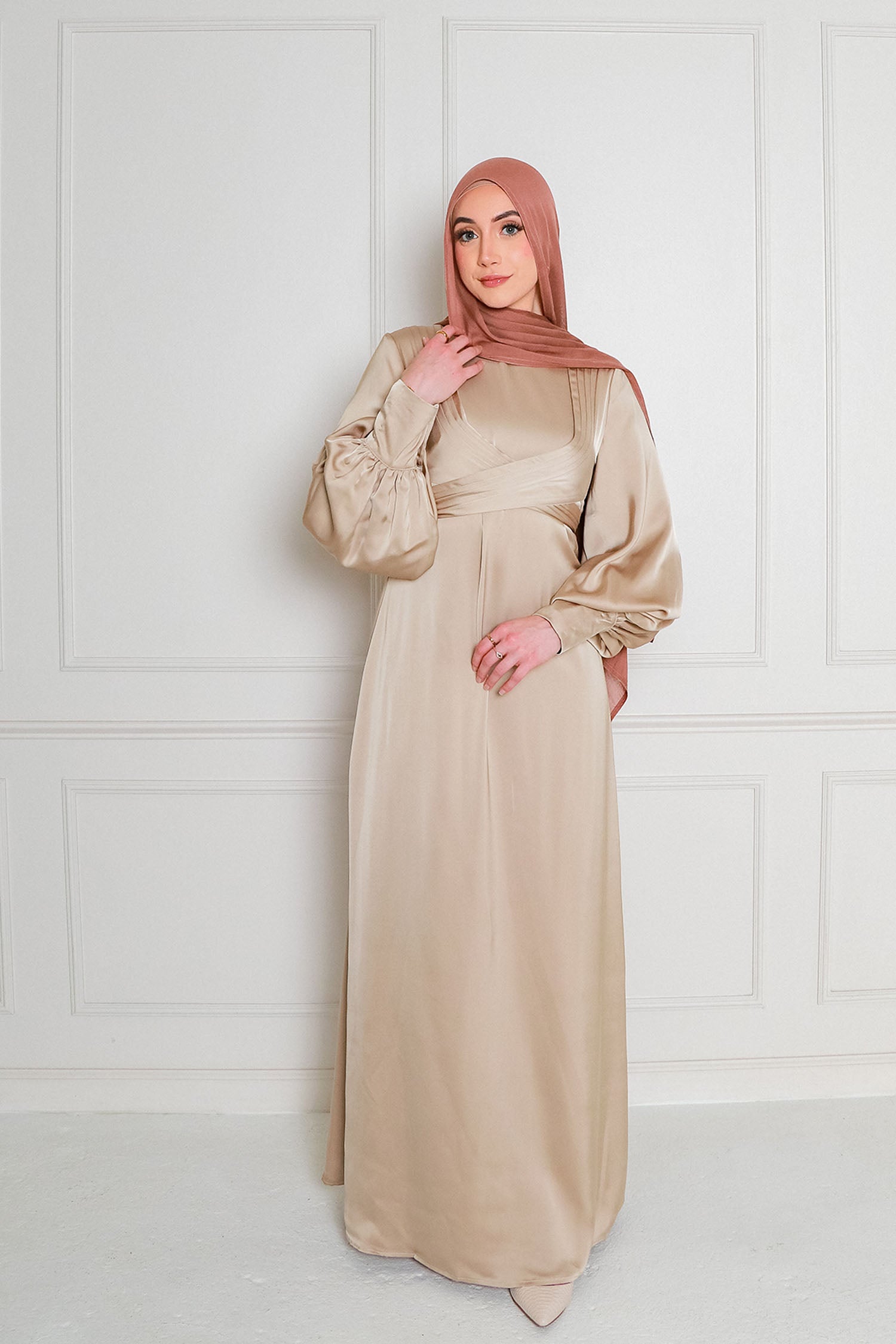 Laura Wrap Satin Dress- Blush Gold XL by LaMeera Moda Laura Wrap Satin Dress- Blush Gold XL by LaMeera Moda