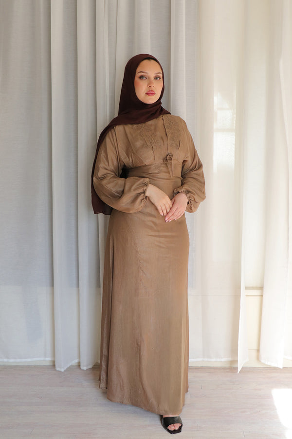 Leila Organza Embroidery  Dress - Khaki