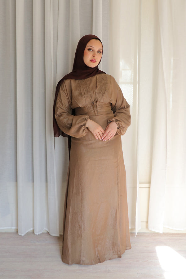 Leila Organza Embroidery  Dress - Khaki