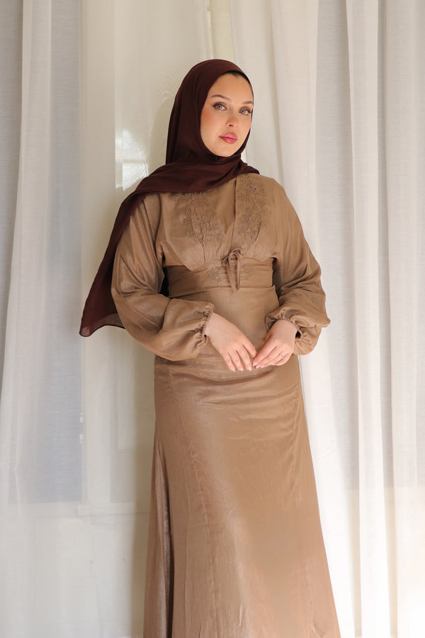 Leila Organza Embroidery  Dress - Khaki