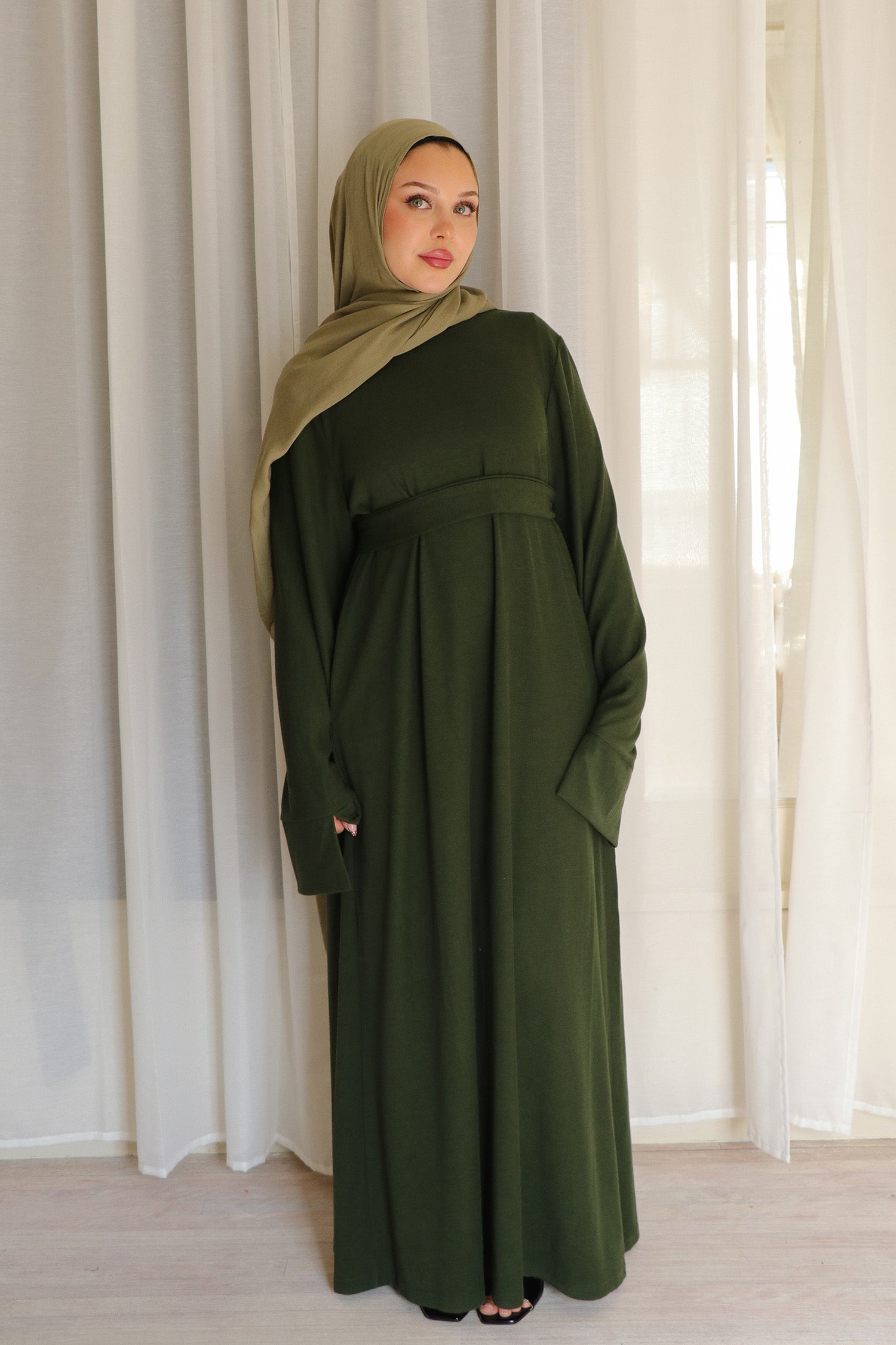 knit abaya dress Tala premium Ribbed Abaya- Forest green Patchwork  Dress