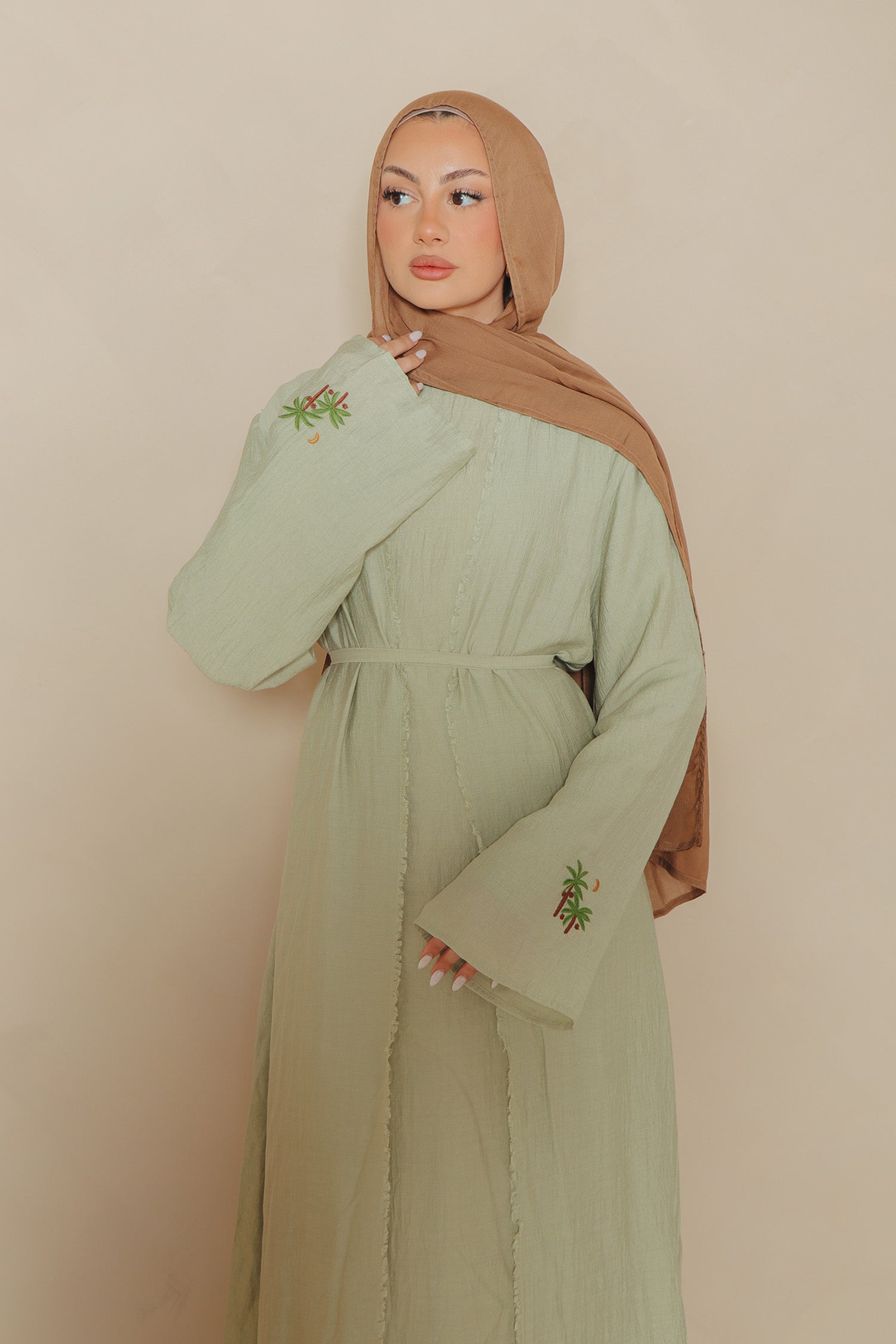 linen abaya dress Palm Set- aloe ProductID: 105737 Jamie Cream Satin Strapless 5’2 wearing size 54 Option:Ivory gold