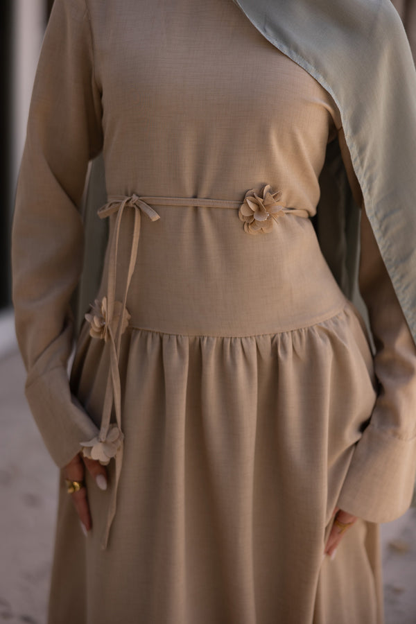 Hala Flower Linen Dress- Beige