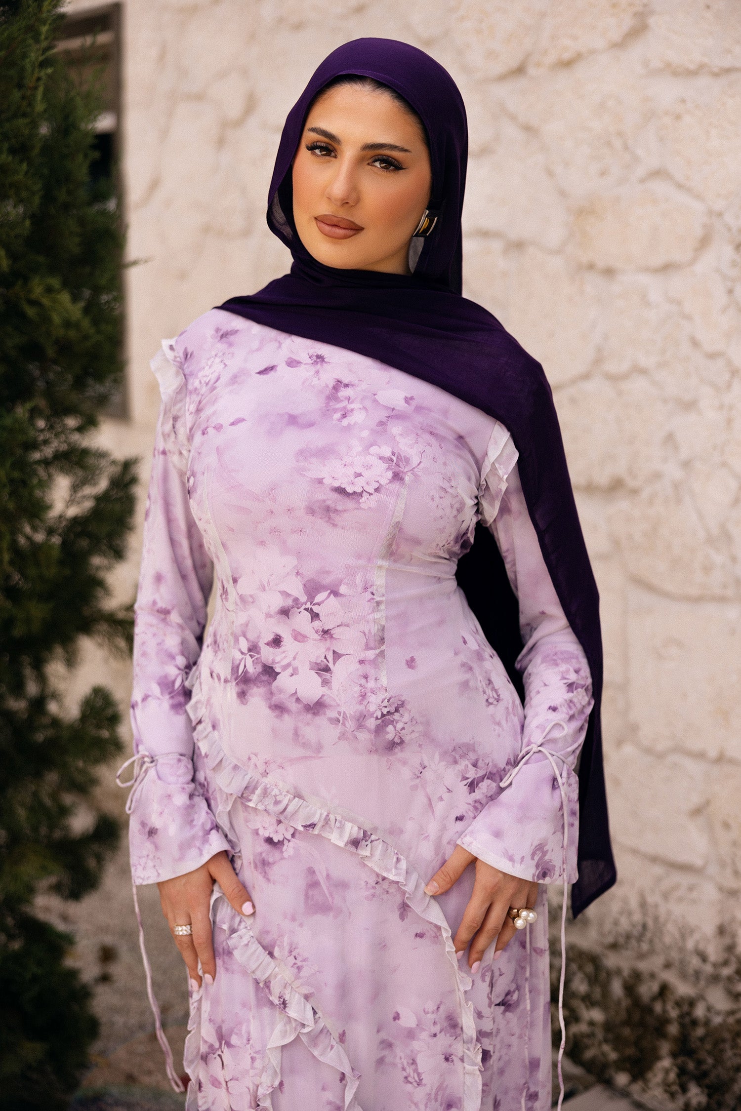 Daisy Mesh Floral Dress- Dusty Purple Xs by LaMeera Moda