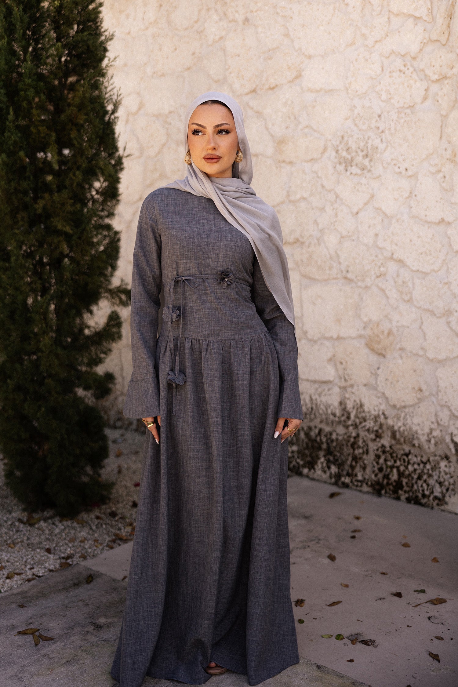 Hala Flower Linen Dress- Dusty Blue Hala Flower Linen Dress- Dusty Blue
