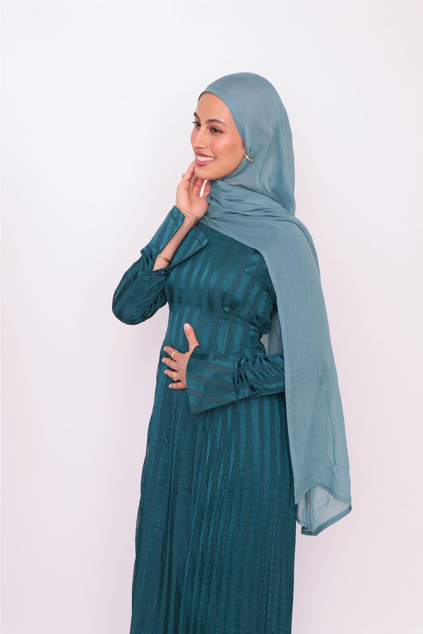 Kelsi Stripe Pleat Dress- Dark Teal