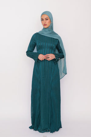 Kelsi Stripe Pleat Dress- Dark Teal
