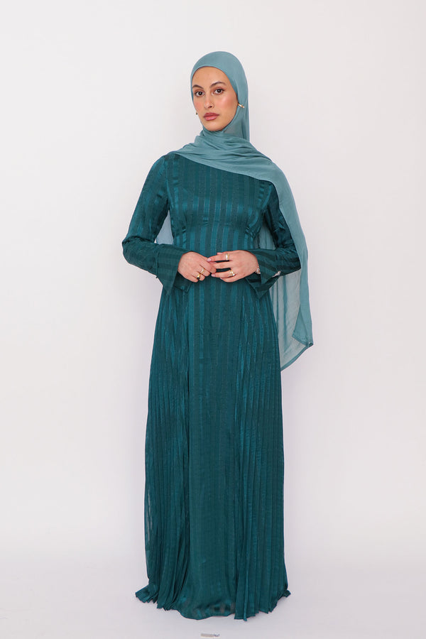 Kelsi Stripe Pleat Dress- Dark Teal