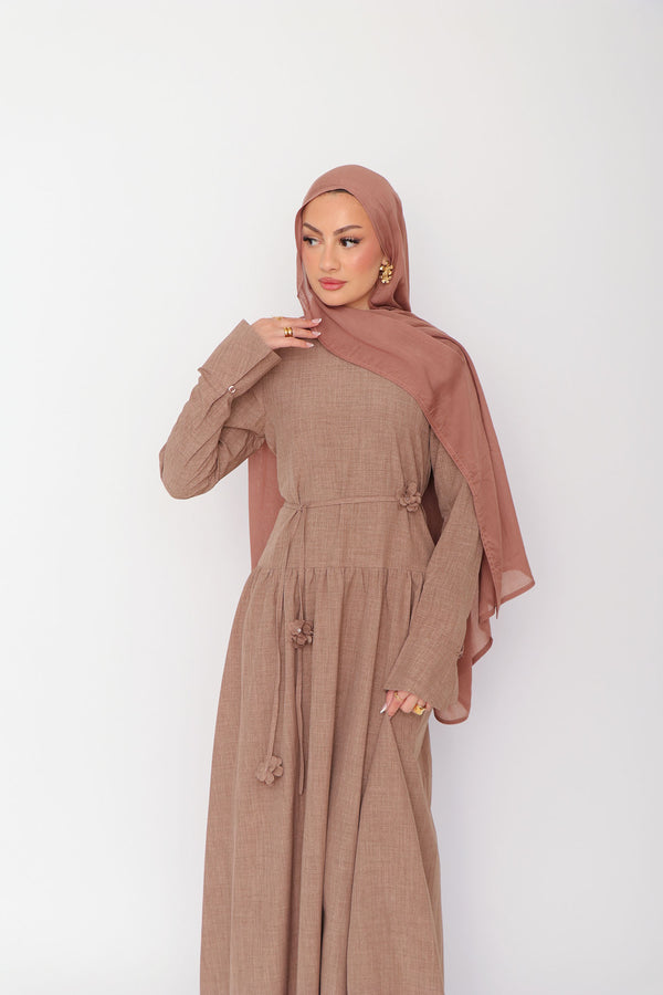 Hala Flower Linen Dress- Mink