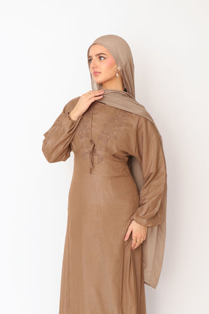 Leila Organza Embroidery  Dress - Khaki