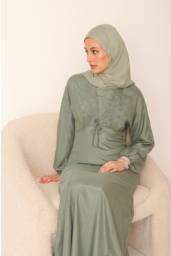 Leila Organza Embroidery  Dress - Sage