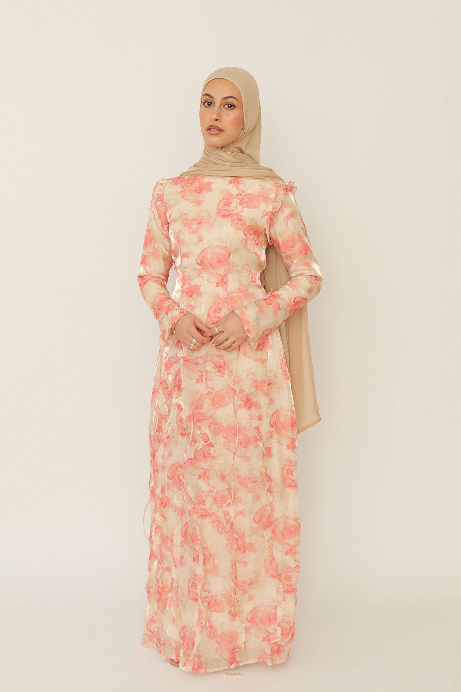 knee length dresses for ladies Daisy Organza Floral Maxi Dress- Pink L by LaMeera Moda
