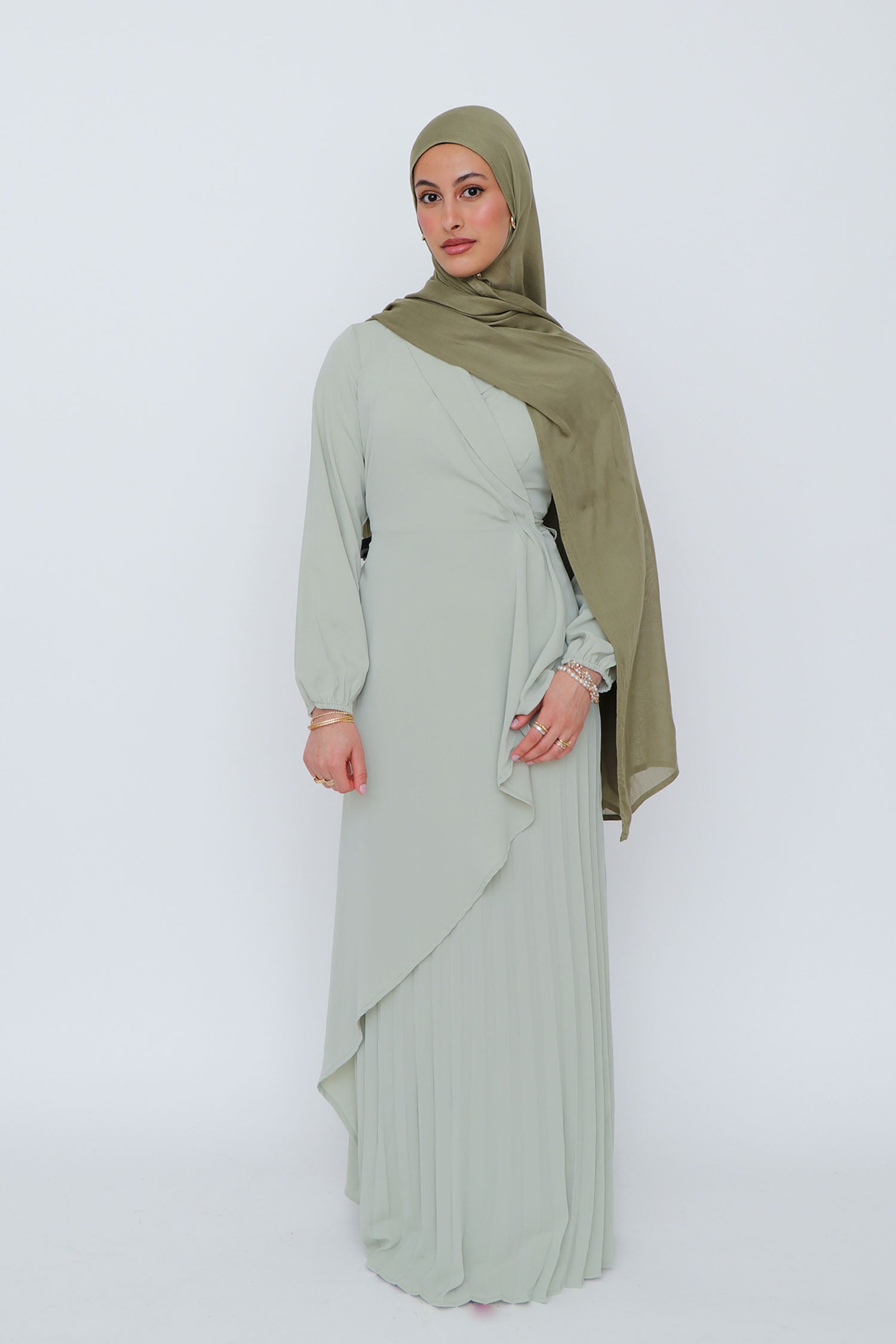 Della Pleat Wrap Dress- Light Sage Della Pleat Wrap Dress- Light Sage