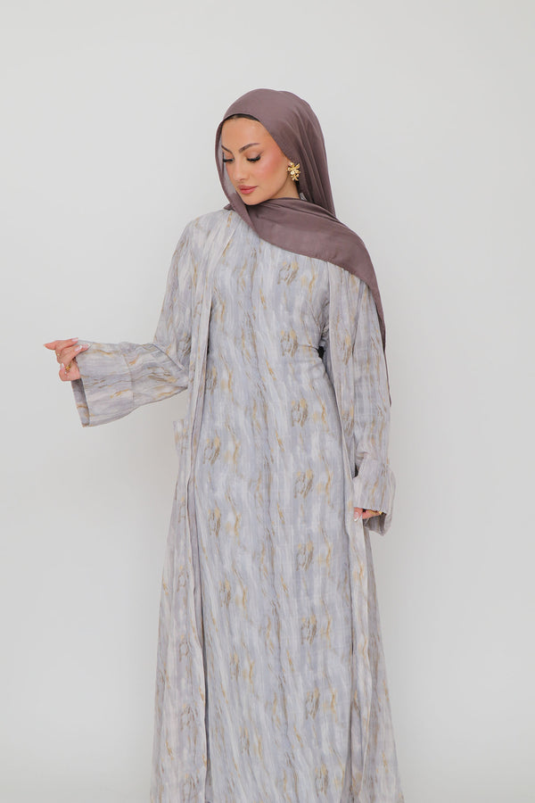 Rana Print Abaya Set- Blue Gray
