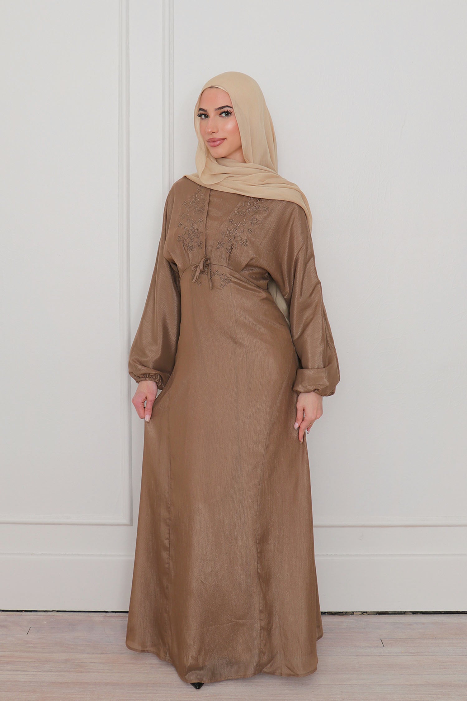 Leila Organza Embroidery Dress - Khaki XS by LaMeera Moda Leila Organza Embroidery Dress - Khaki XS by LaMeera Moda