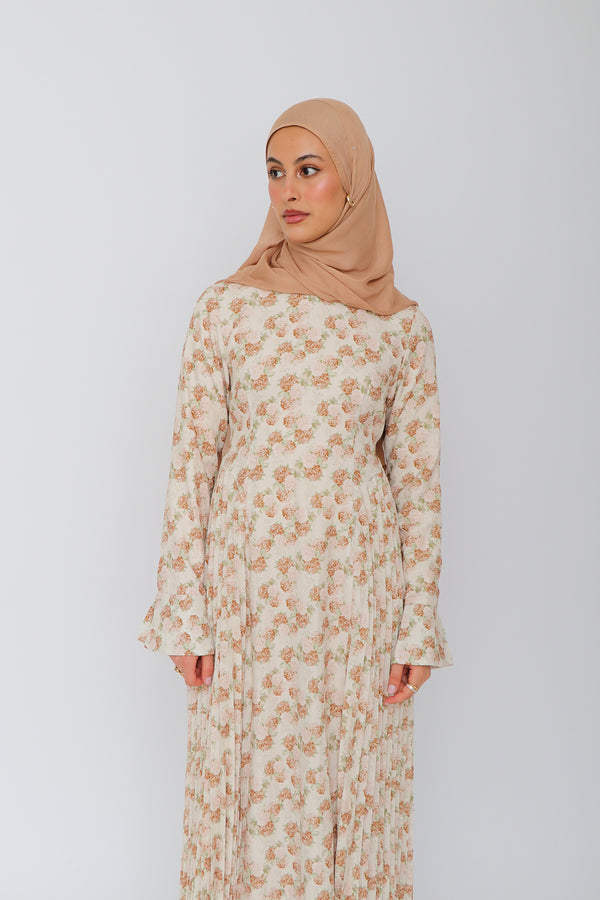 Kelsi Floral Pleat Dress- Cream