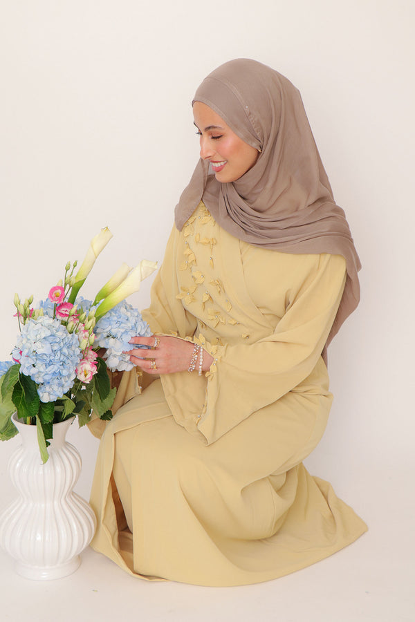 Lilian Embroidery Abaya Set- Butter Yellow