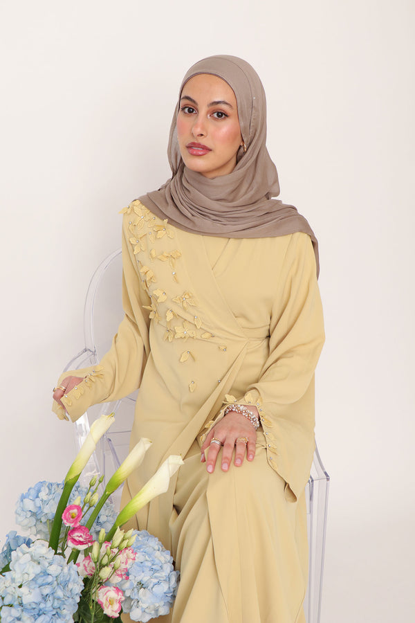 Lilian Embroidery Abaya Set- Butter Yellow