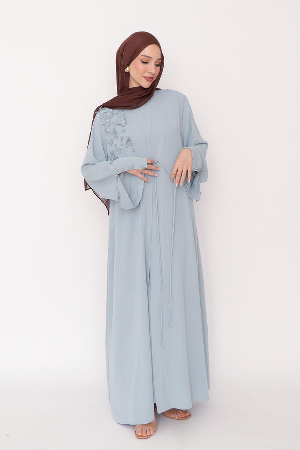 Lilian Embroidery Abaya Set- Mint Gray