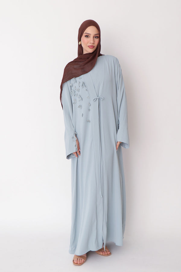 Lilian Embroidery Abaya Set- Mint Gray