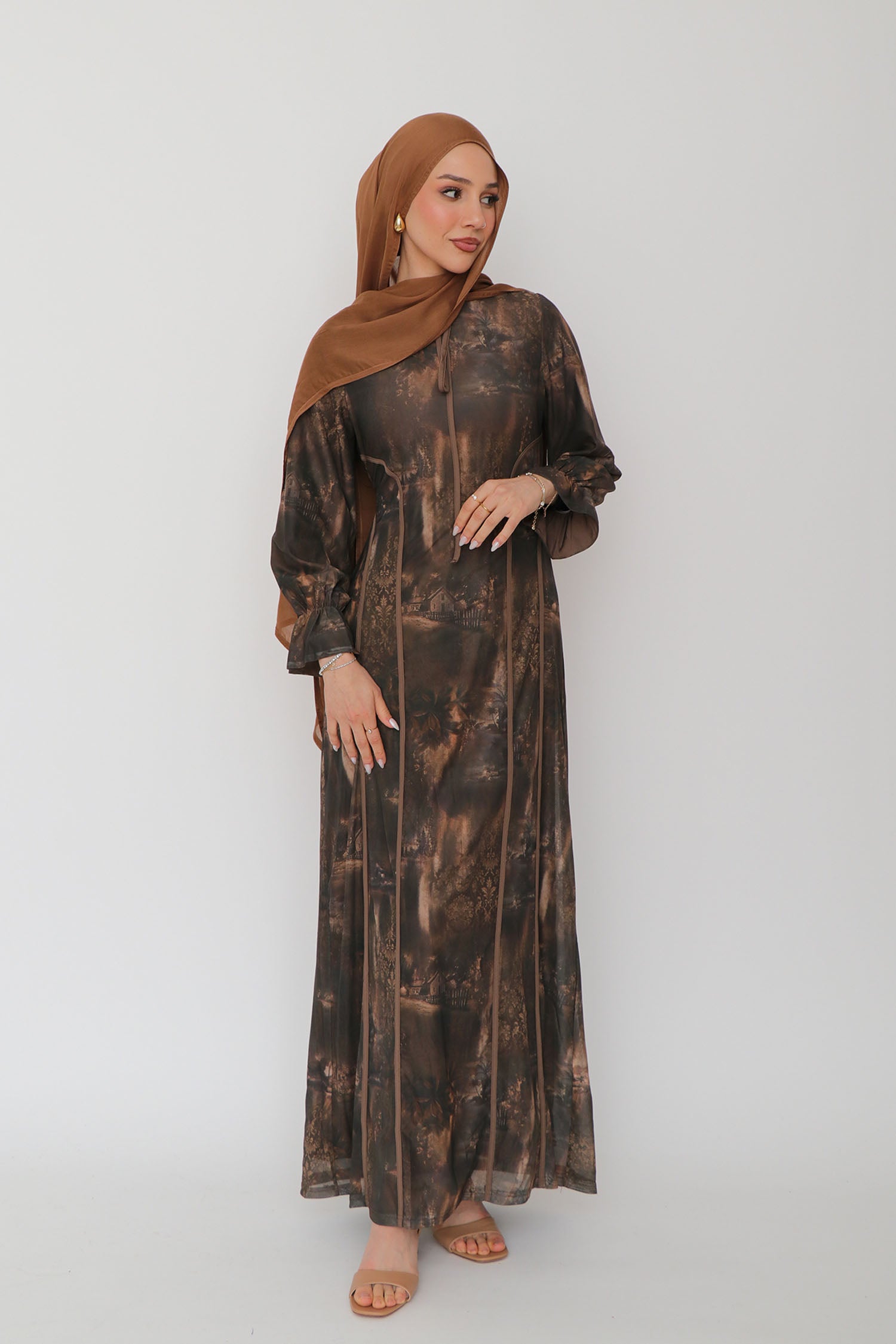 brown plaid long sleeve dress Vintage Plaid Long Sleeve Dress with Peter Pan Collar Ruffle Trim Midi