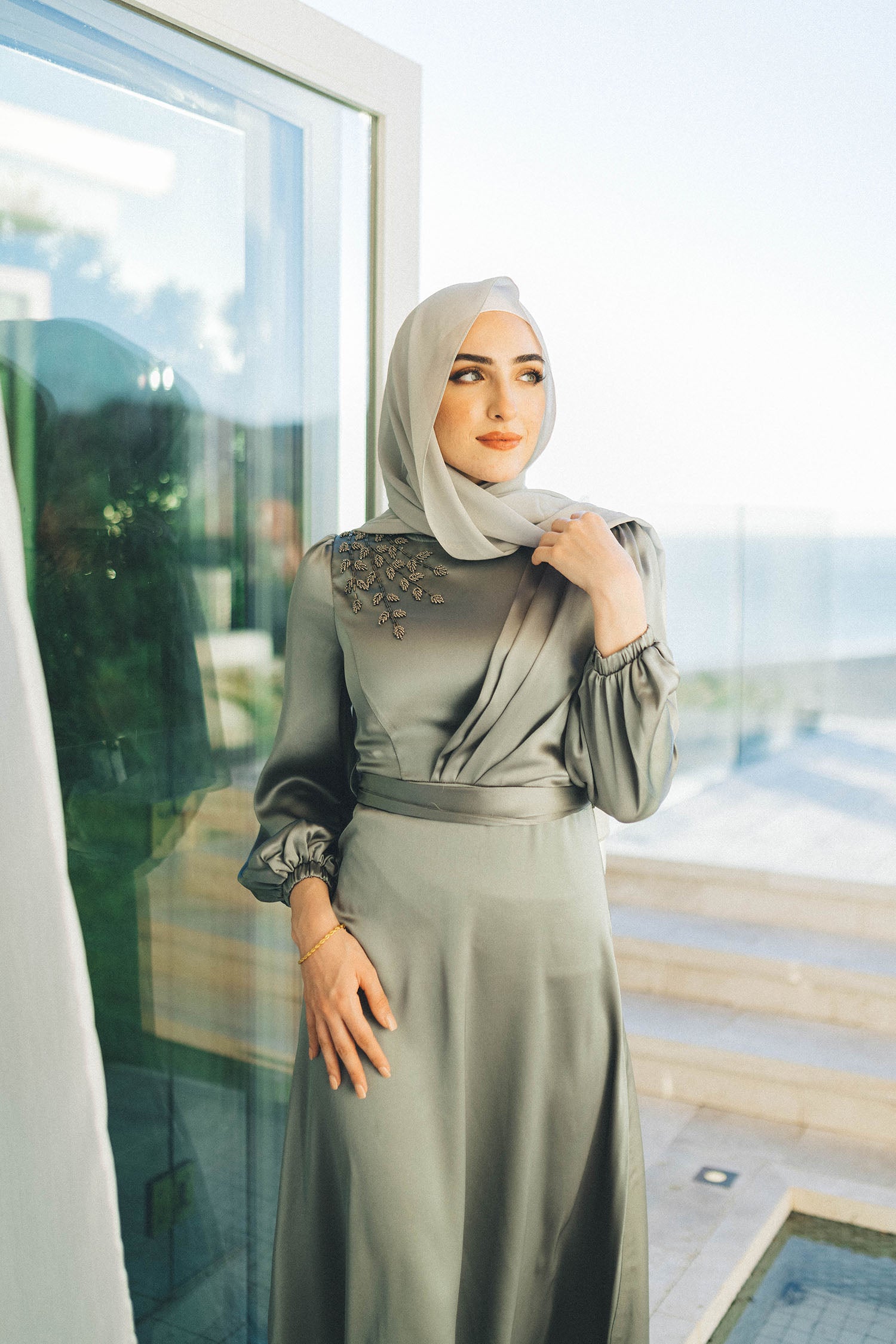 Kehlani Leaf Satin Dress- Blue Gray XL by LaMeera Moda