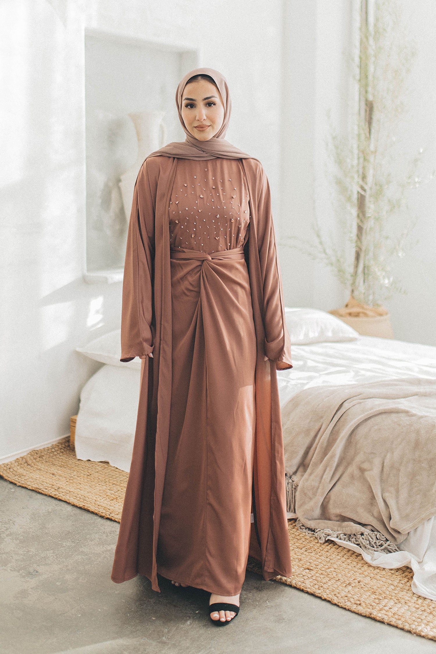 Celene Beaded Wrap Abaya Set- Nude Pink 52 by LaMeera Moda