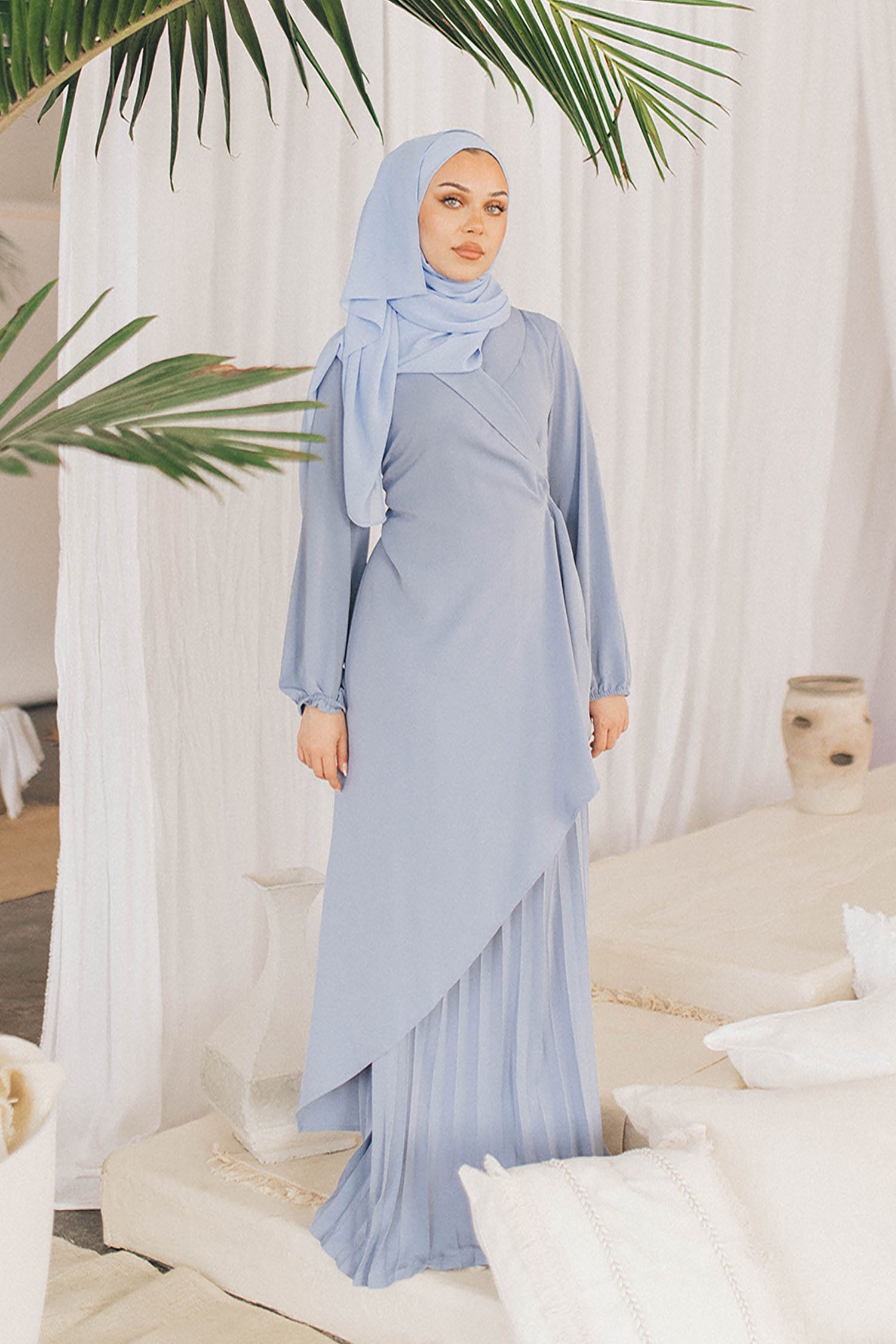 Della Pleat Wrap Dress- Dusty Blue S by LaMeera Moda