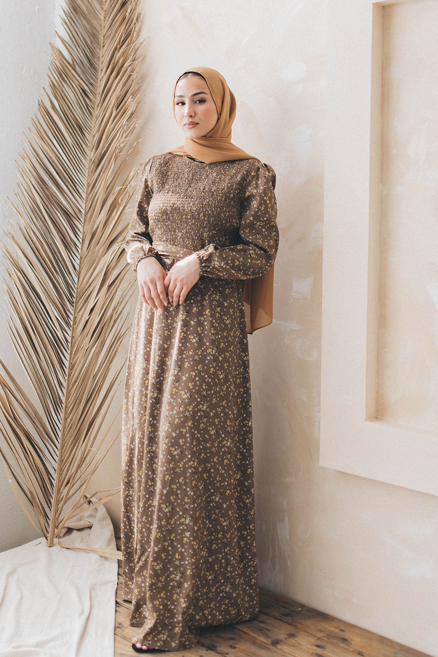 Raven Floral Shirred Dress- Brown S by LaMeera Moda