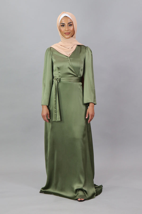 LaMeera V-Neck Satin Dress - Sage Green