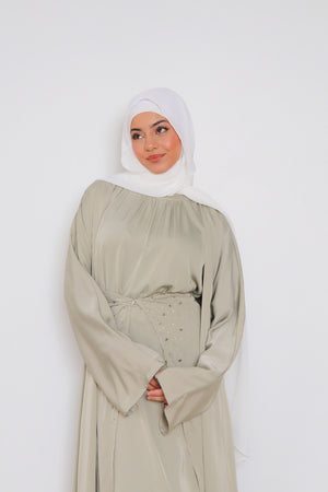 Aurora Beaded Tie Abaya Set- Light Sage