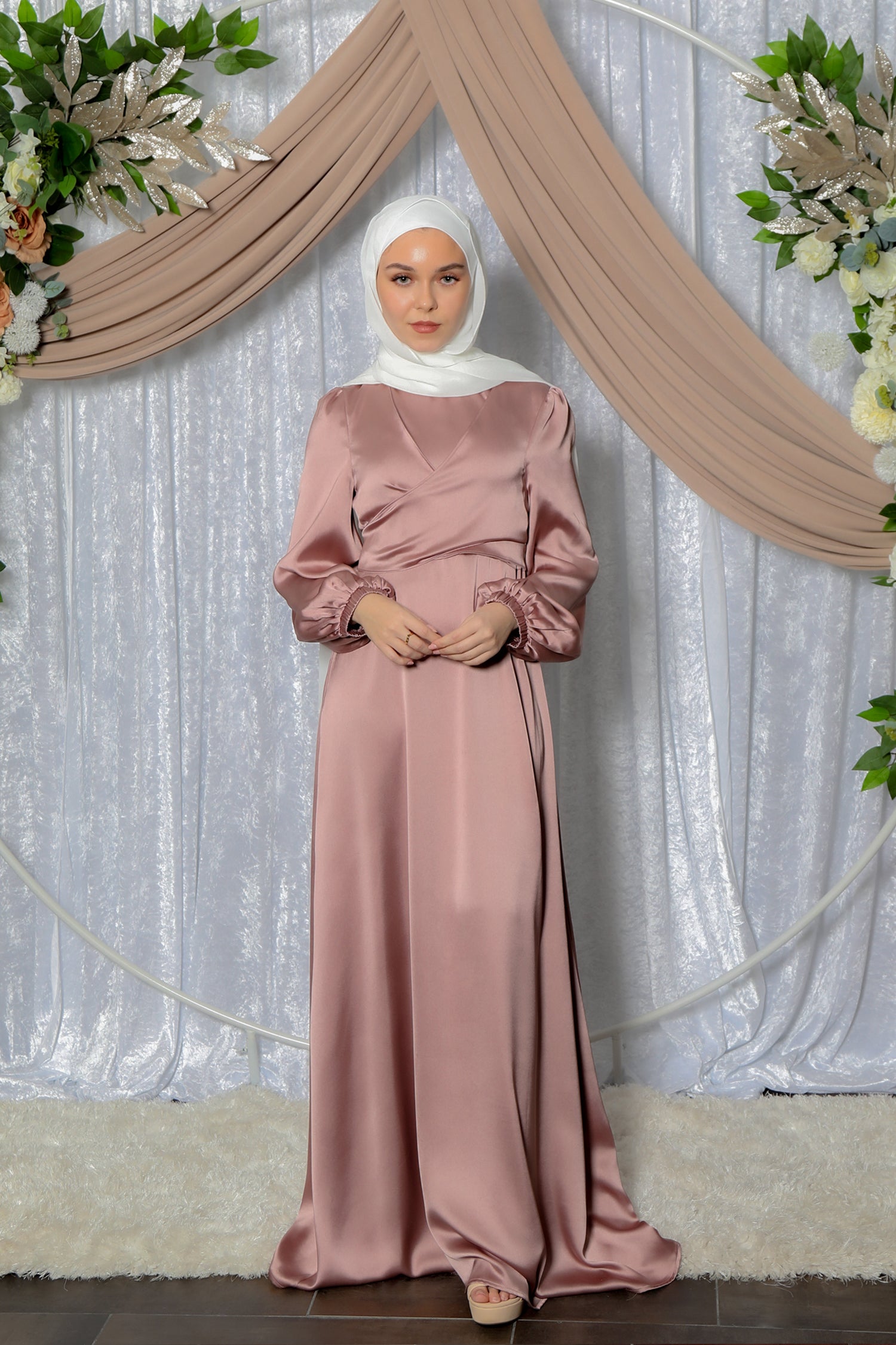 LaMeera Tie Front Satin Dress - Dusty Rose