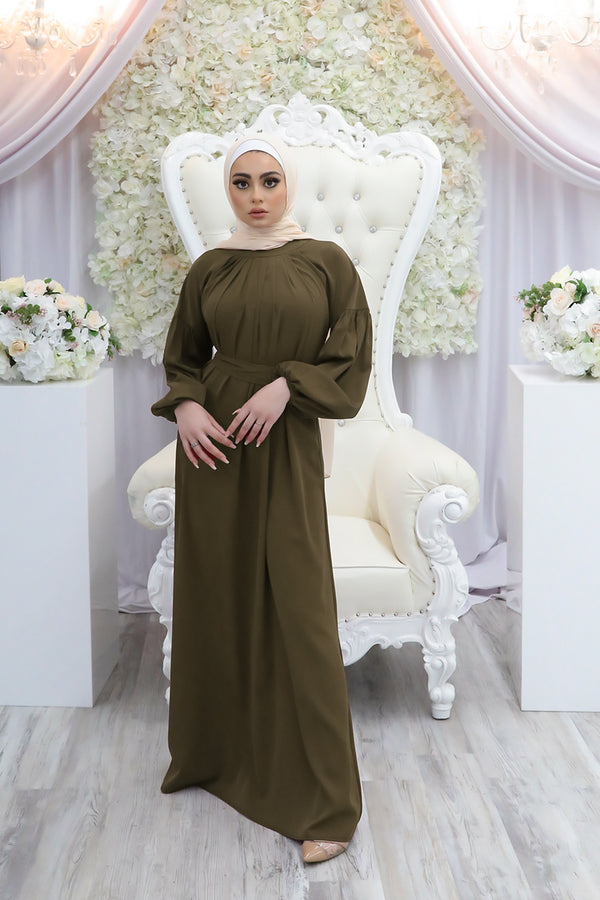 Deluxe Soft Balloon Sleeve Dress- Army