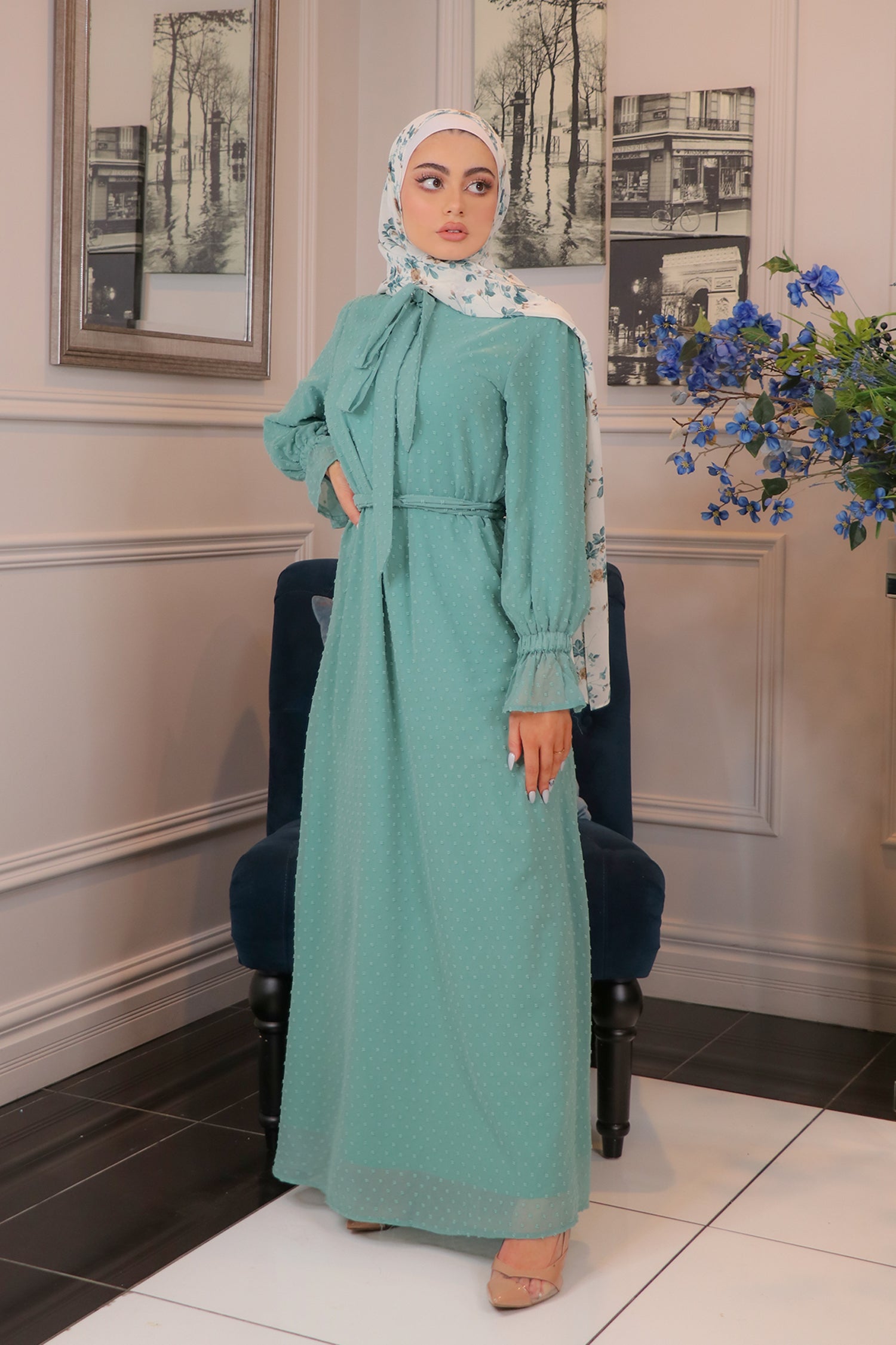 Swiss Dot Chiffon Dress- Mint Blue L by LaMeera Moda