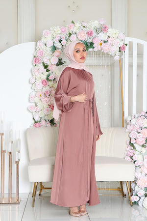 Aurora Beaded Tie Abaya Set- Nude Pink