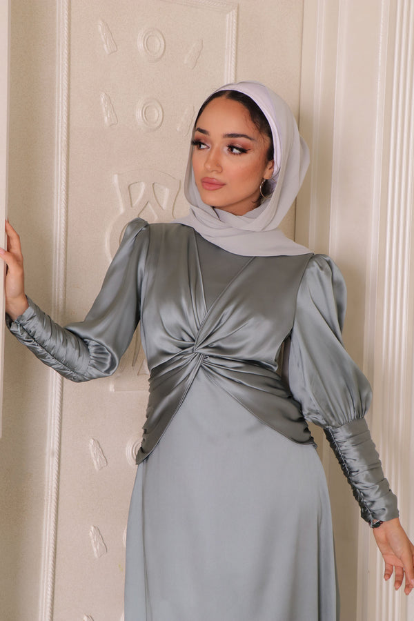 Olivia Wrap Satin Dress- Mint Gray