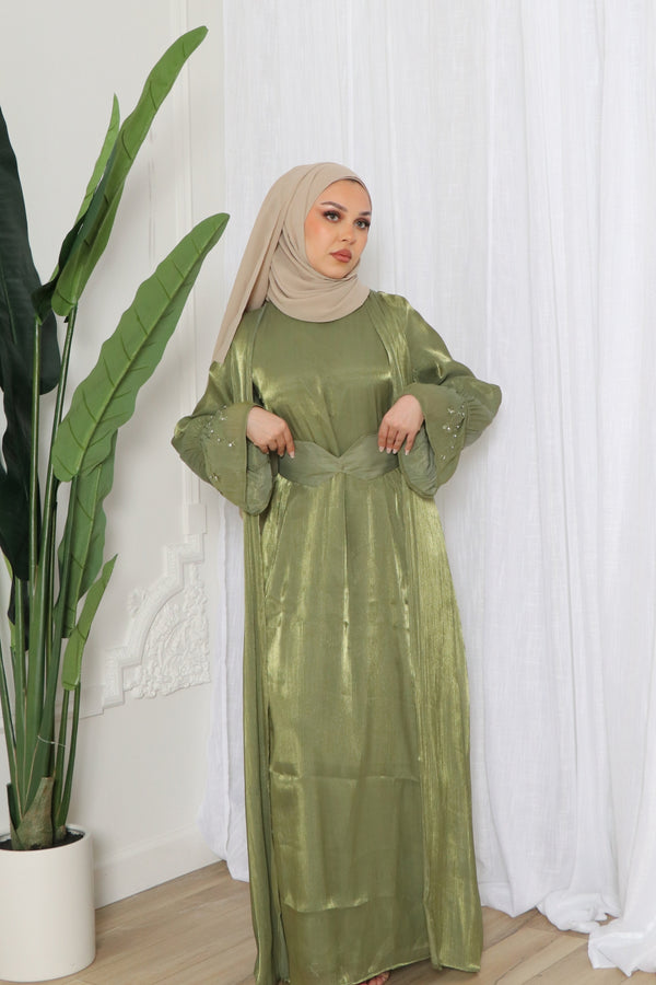 Safiya Organza Embroidery Set- Olive Green