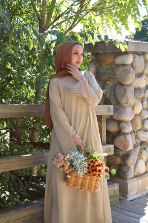 Soraya Embroidery linen Abaya- Beige