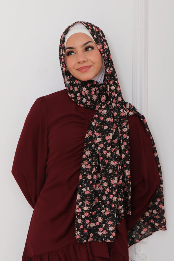 Floral Chiffon Scarf- Black