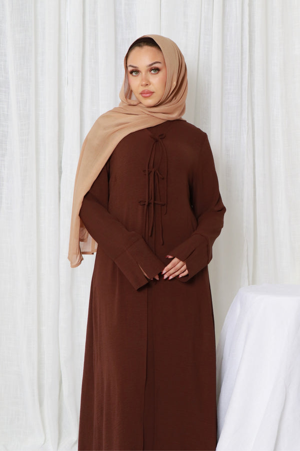 Ayla Textured Tie Abaya Set- Espresso