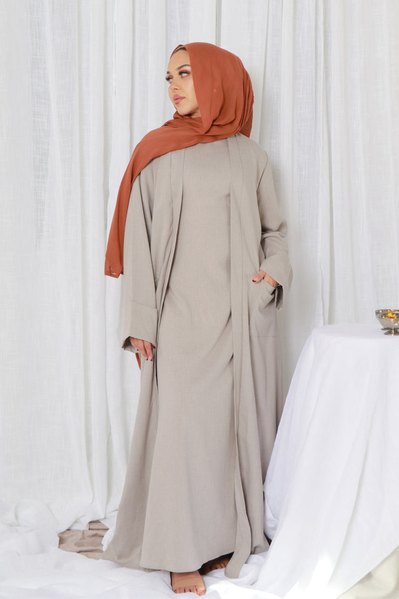 Rana linen Abaya Set- Gray