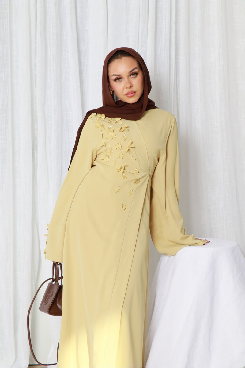 Lilian Embroidery Abaya Set- Butter Yellow