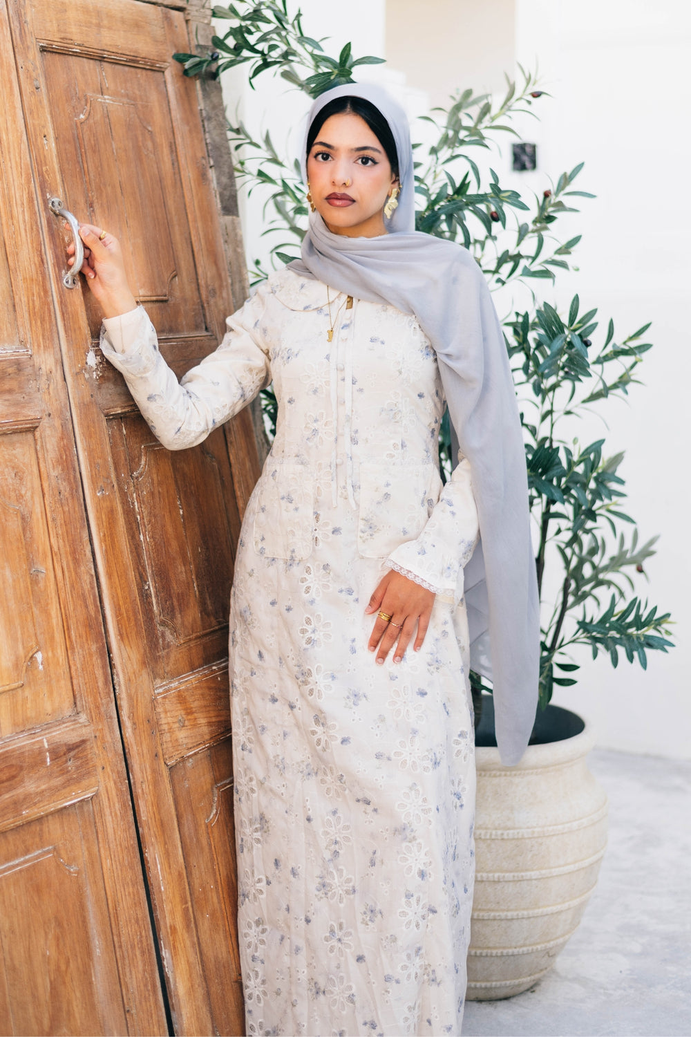 Elora Lace Floral Dress - Cream/Blue