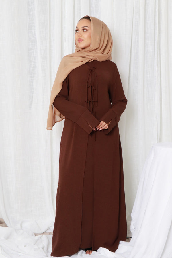 Ayla Textured Tie Abaya Set- Espresso