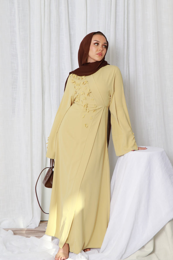 Lilian Embroidery Abaya Set- Butter Yellow