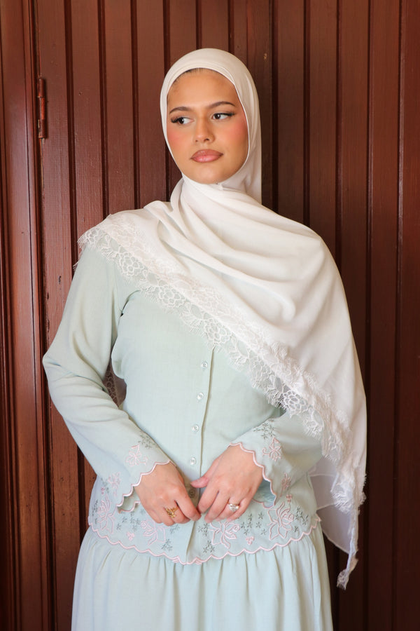 Premium Lace Chiffon Scarf- White