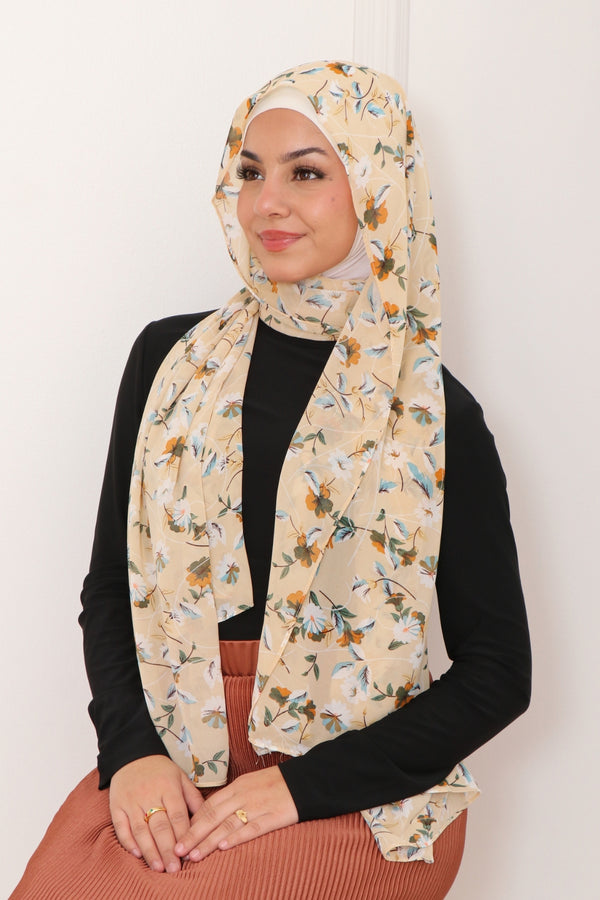 Floral Chiffon Scarf- Beige